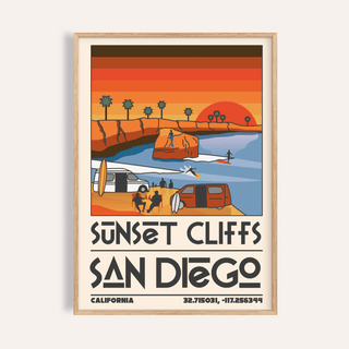 Vintage San Diego wall art of orange and blue sunset cliffs with surfers and palm trees