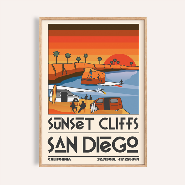 Framed-style Vintage San Diego Wall Art poster showing Sunset Cliffs, surfers, and camper vans