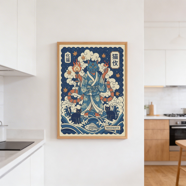 Graphic yokai cat illustration framed by ornate beige border and ocean crests