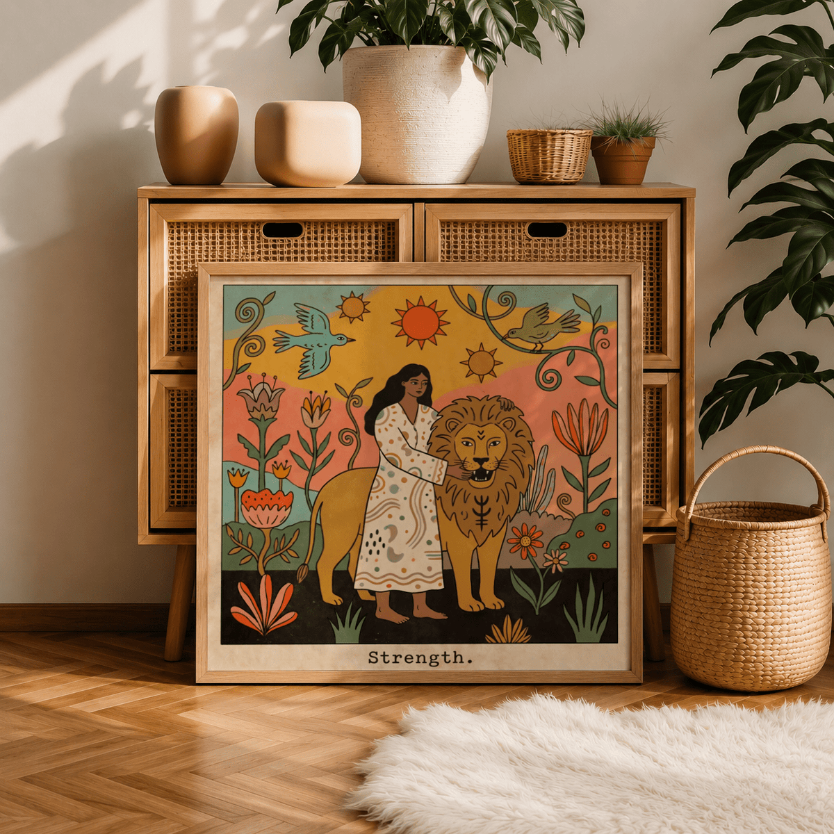 Patterned dress and tall flowers rendered in bold linework