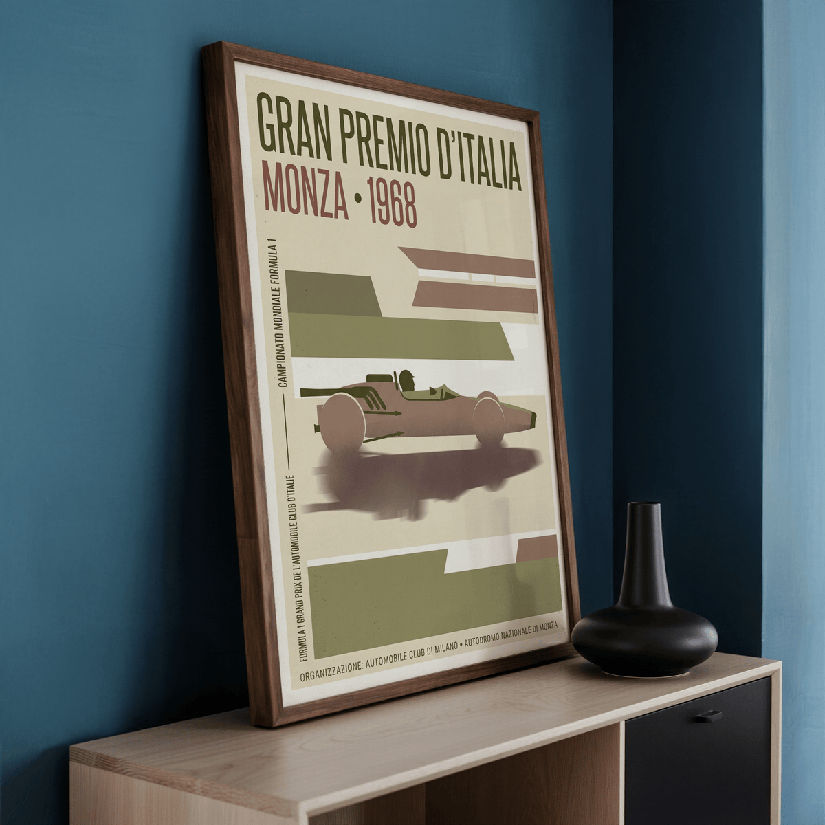 Classic motorsport poster print featuring streamlined single-seater car and large Italian event lettering