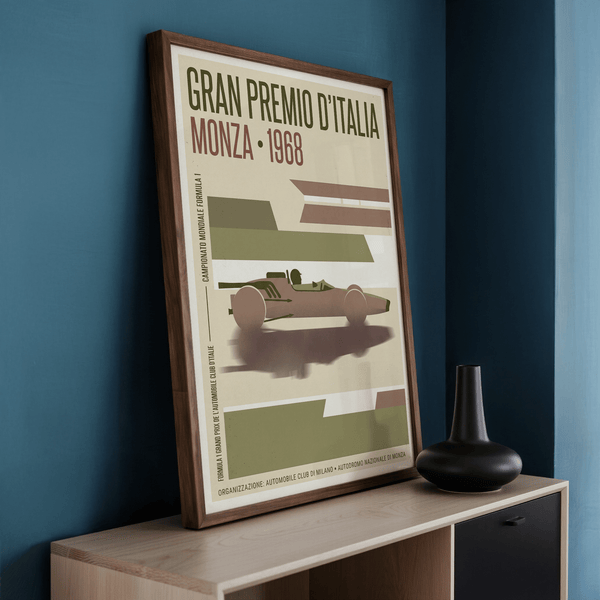 Classic motorsport poster print featuring streamlined single-seater car and large Italian event lettering