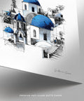 Square Santorini wall art featuring whitewashed homes and domed roofs