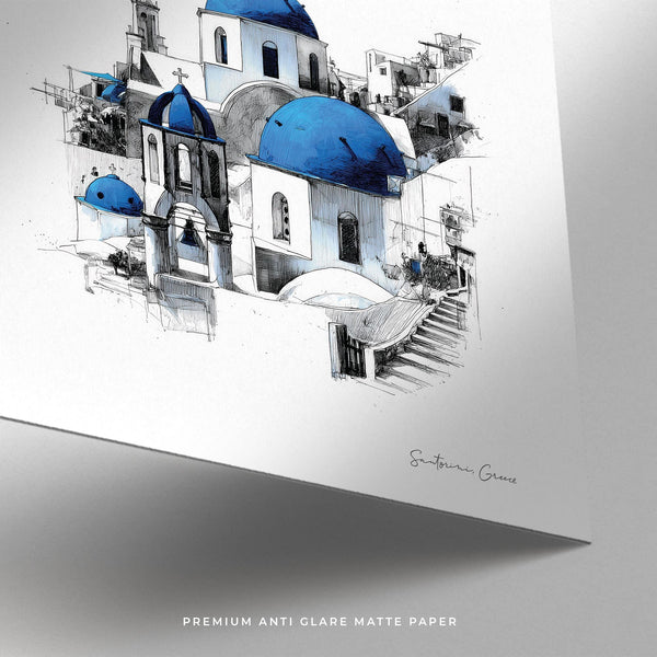 Square Santorini wall art featuring whitewashed homes and domed roofs