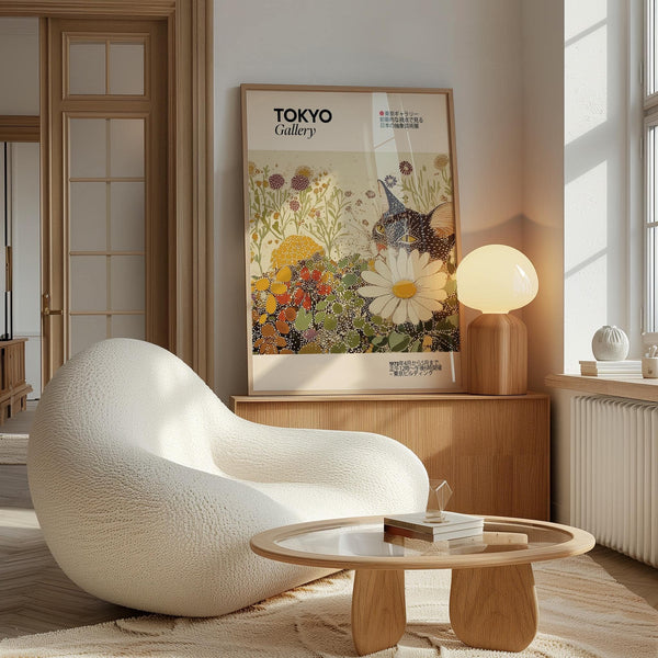 Decorative vintage cat wall art for Japandi-inspired interiors