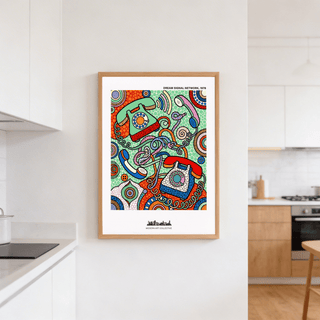 Poster design with telephones, spirals, and repeating circle motifs in a busy layout