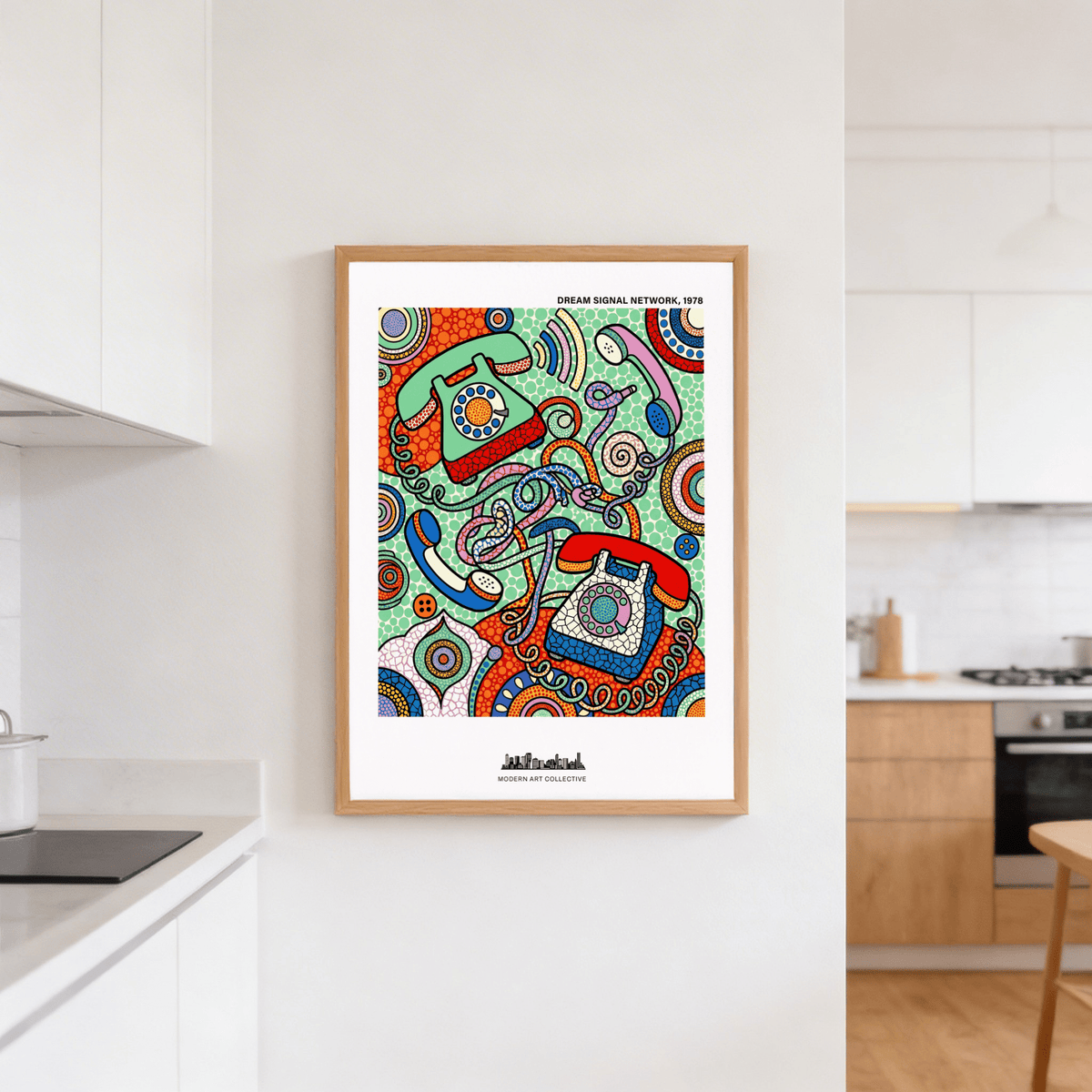 Poster design with telephones, spirals, and repeating circle motifs in a busy layout