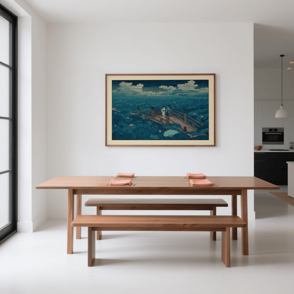 Hasui Kawase Japanese woodblock print of curved bridge amid lotus leaves