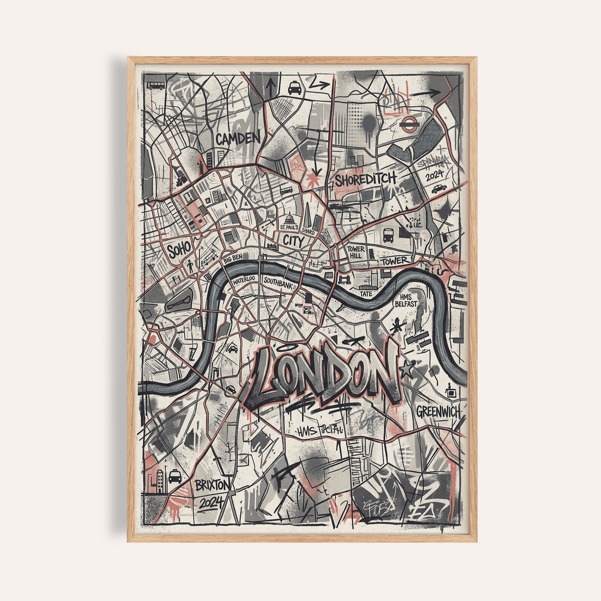 London City Map Wall Art poster overview with hand-sketched districts