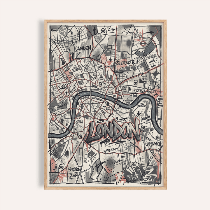 London City Map Wall Art poster overview with hand-sketched districts