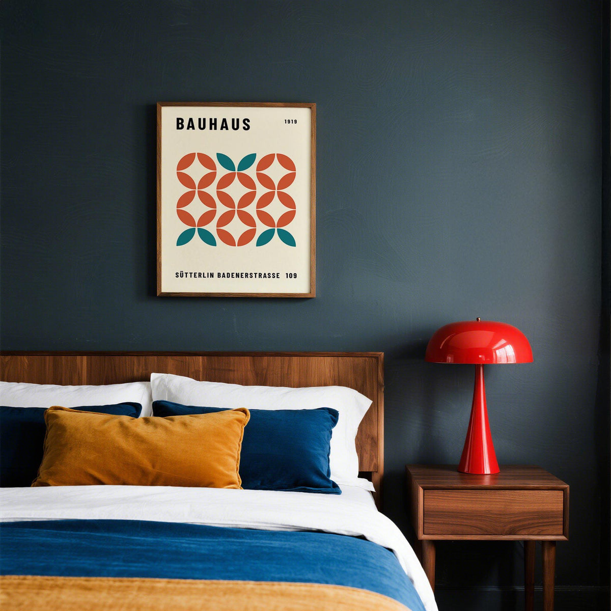 Graphic pattern of intersecting forms in modern geometric wall art.