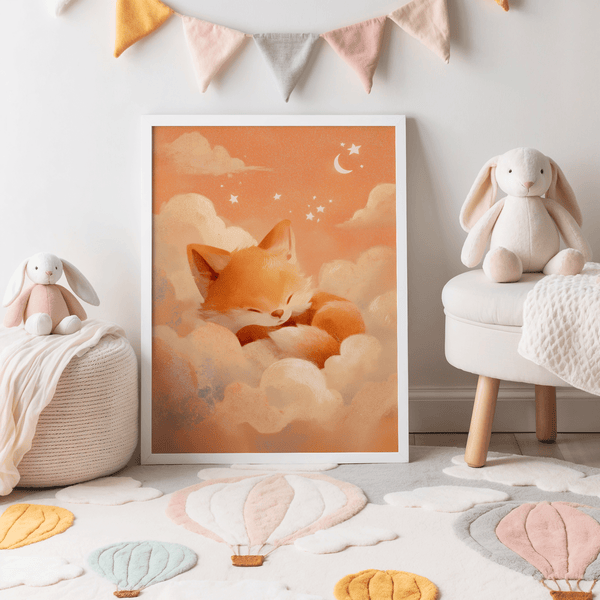 Sleeping Fox Art Print with soft Orange and Beige for calming nursery decor