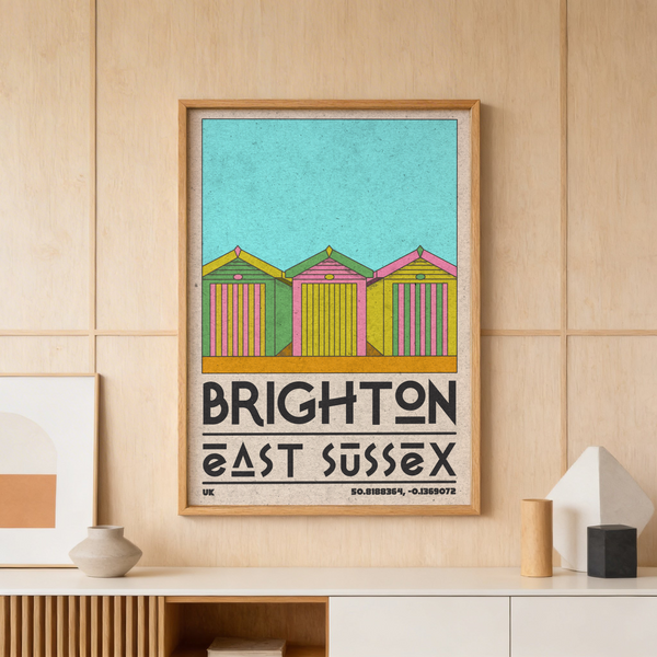 Graphic retro beach hut poster with weathered sky texture