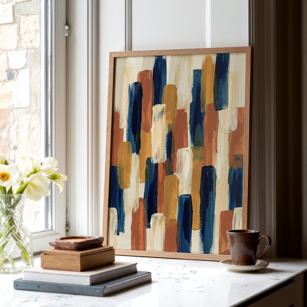 Abstract Color Blocks poster in Blue, Orange, Beige, and Brown for office decor