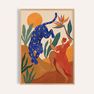 Featuring Mystical Blue Leopard Wall Art poster with crescent-moon patterned leopard and oversized leaves