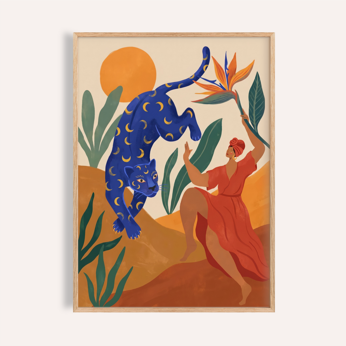 Featuring Mystical Blue Leopard Wall Art poster with crescent-moon patterned leopard and oversized leaves
