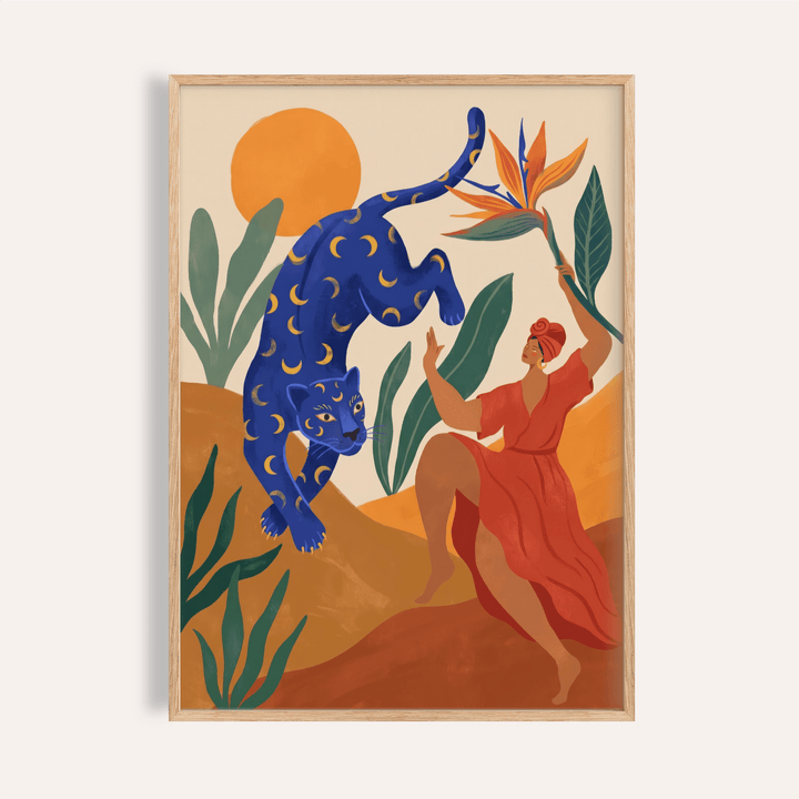 Featuring Mystical Blue Leopard Wall Art poster with crescent-moon patterned leopard and oversized leaves