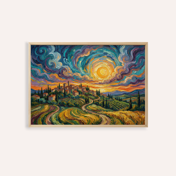 Sunset Scenery Wall Art with multicolored, green, and yellow for living room print