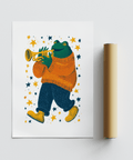 Frog Playing Trumpet Art detailed design, multicolored for music room poster