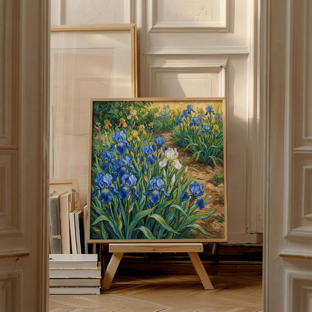 Blue Iris Art Print ideal for living room with vibrant blue tones