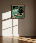 Jazz Club Art Print with cat and piano keys, ideal for music room decor