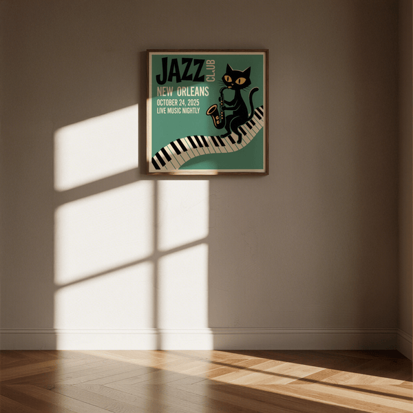Jazz Club Art Print with cat and piano keys, ideal for music room decor