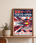 Depicting vintage tennis poster with racket icon, sun and mountain silhouette, and bold type