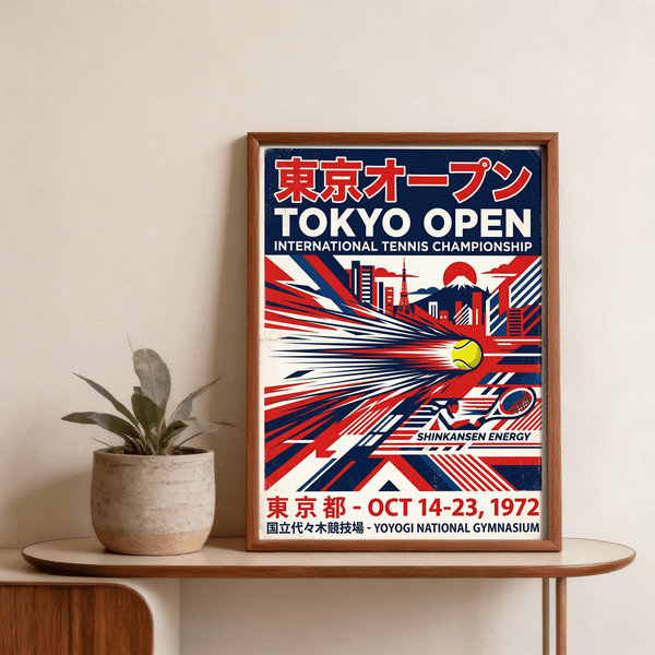 Depicting vintage tennis poster with racket icon, sun and mountain silhouette, and bold type