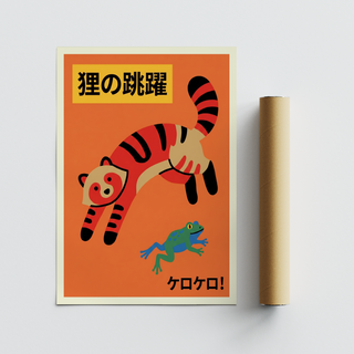Poster of a playful striped cat chasing a frog, Colorful Cat Wall Art