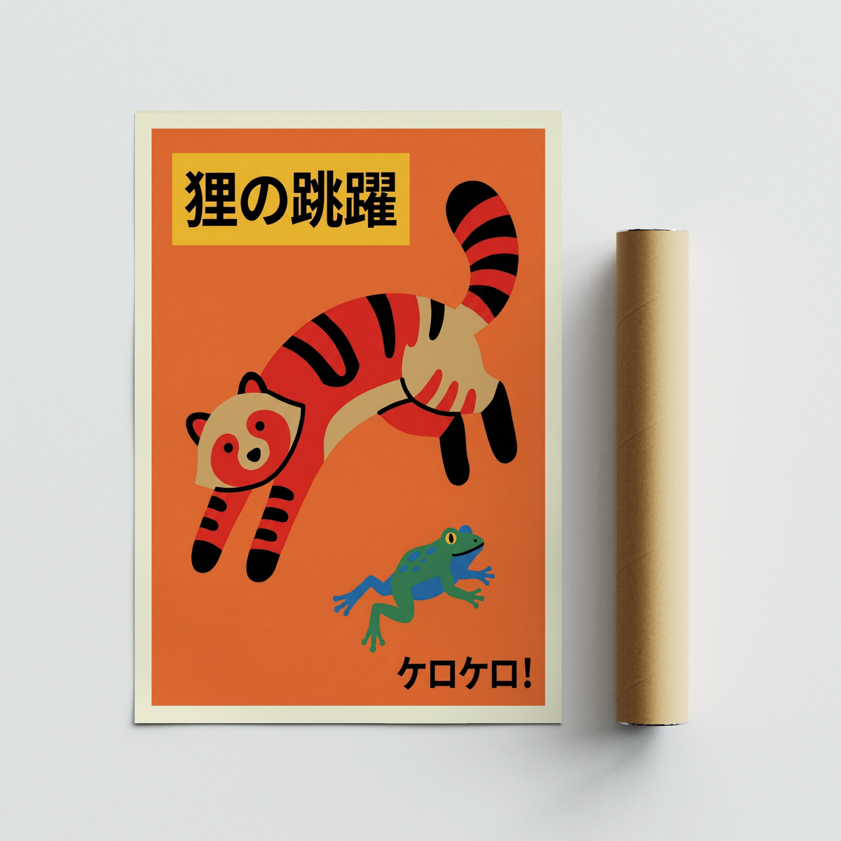Poster of a playful striped cat chasing a frog, Colorful Cat Wall Art