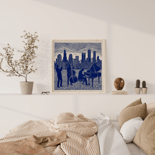 Modern Musician Poster Art in blue and white for den wall art print