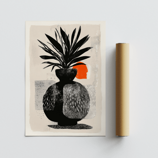 Studio-style plant poster print featuring a large vase silhouette and layered textures