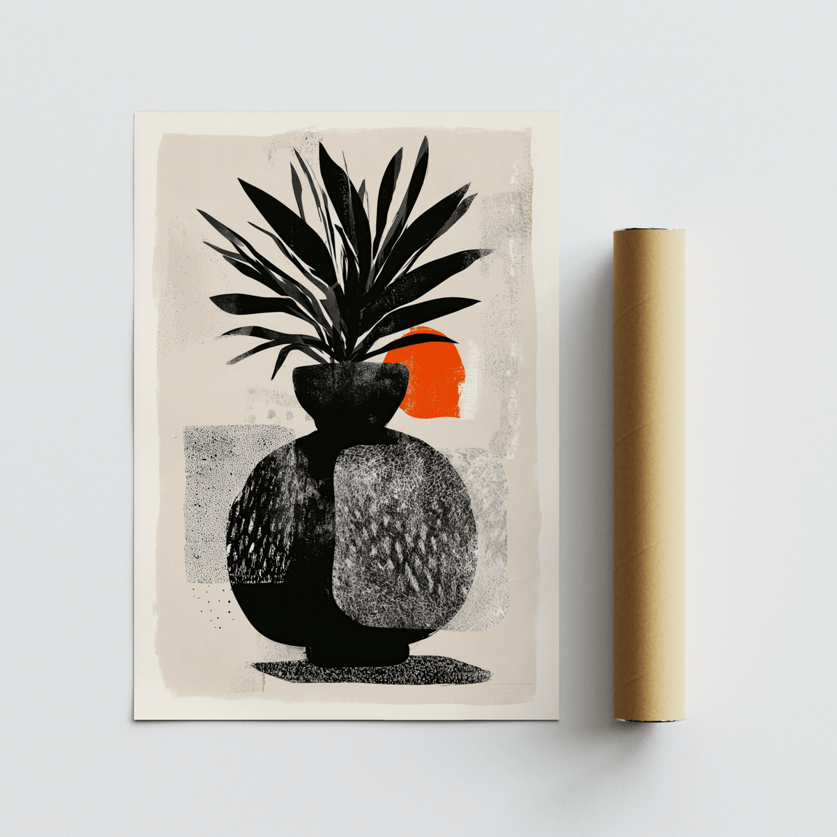 Studio-style plant poster print featuring a large vase silhouette and layered textures