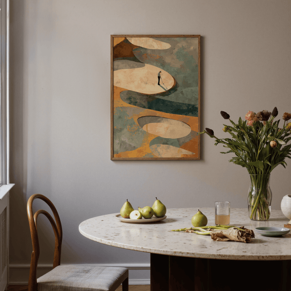 Abstract Golf Art Print centered on tiny figure and layered organic forms