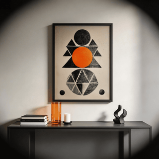 Minimalist graphic wall piece with central circle and triangles