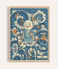 Smiling Jizo figure poster with swirling clouds and maple leaves, Japanese Jizo Wall Art print