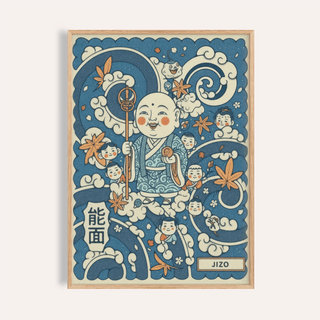 Smiling Jizo figure poster with swirling clouds and maple leaves, Japanese Jizo Wall Art print