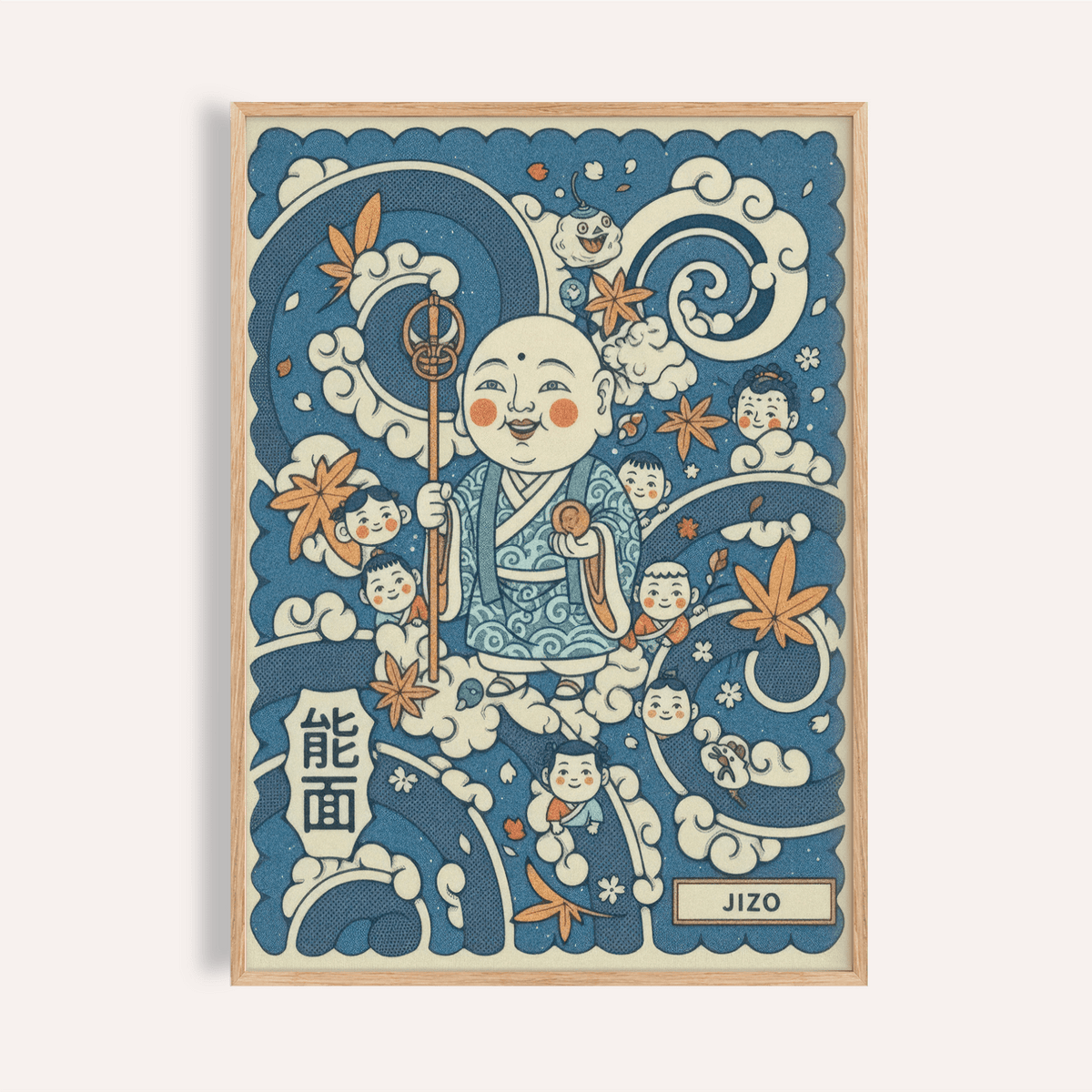 Smiling Jizo figure poster with swirling clouds and maple leaves, Japanese Jizo Wall Art print