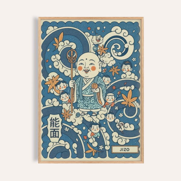 Smiling Jizo figure poster with swirling clouds and maple leaves, Japanese Jizo Wall Art print