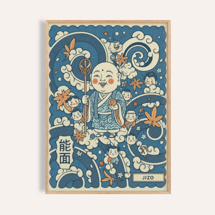 Smiling Jizo figure poster with swirling clouds and maple leaves, Japanese Jizo Wall Art print