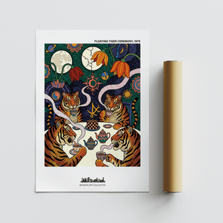 Patterned illustration print featuring moon shapes, flowers, and curling steam above tigers