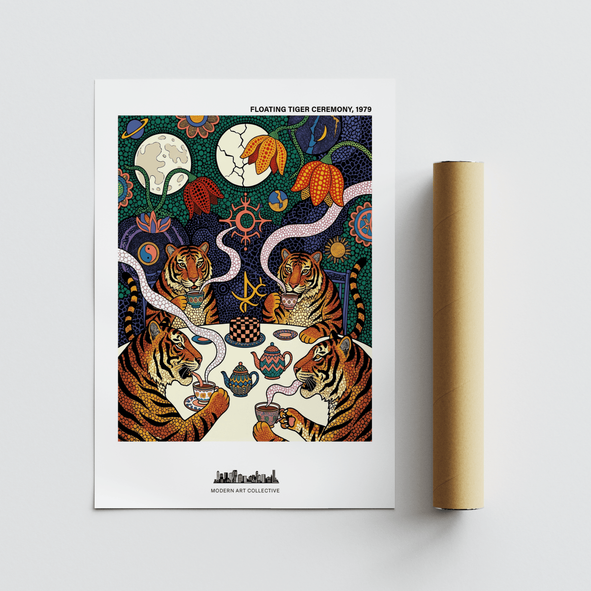 Patterned illustration print featuring moon shapes, flowers, and curling steam above tigers