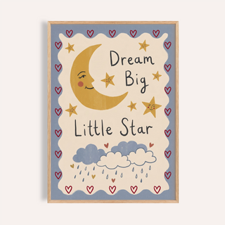 Smiling crescent moon illustration with star faces and heart border