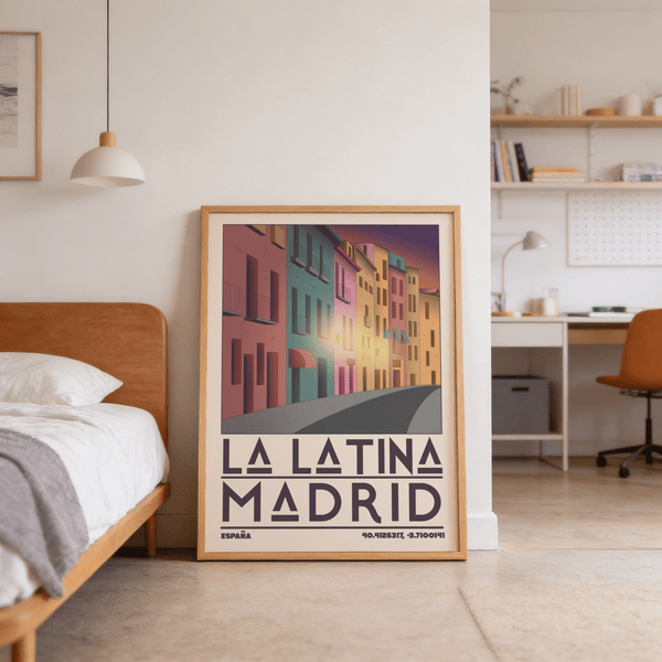 Close-up of tall balconies and window grids on La Latina travel poster print