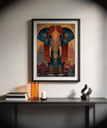 Ornate elephant print poster in mosaic-style illustration with patterned ears and curved tusks