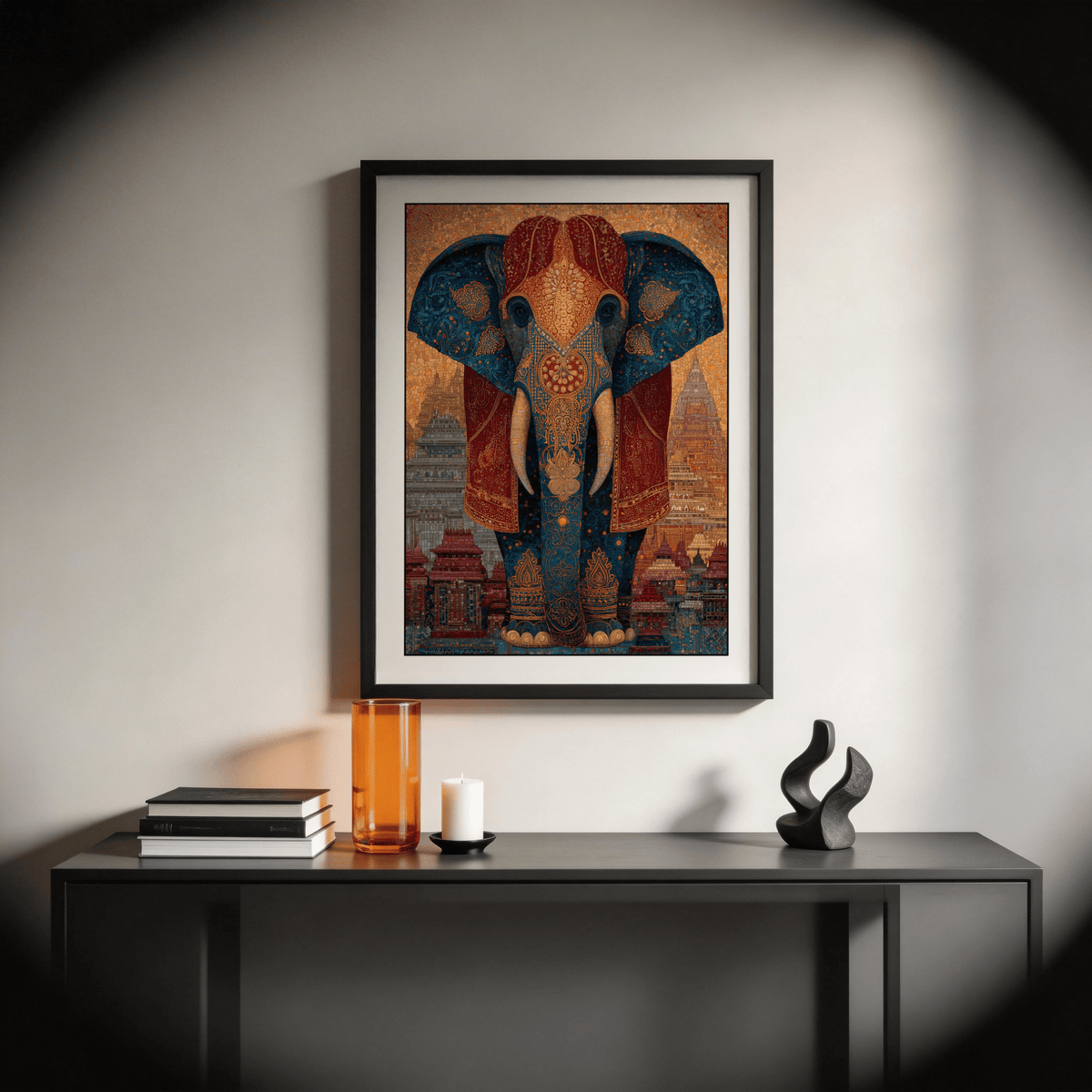 Ornate elephant print poster in mosaic-style illustration with patterned ears and curved tusks