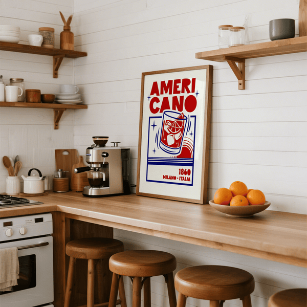 Retro Americano Cocktail Print, Red and Blue, perfect for bar decor