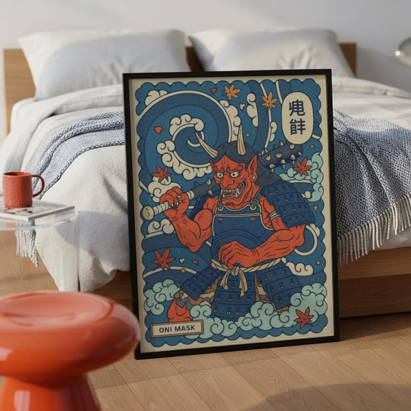 Close-up wall art print of red oni face with horns, bared teeth, and patterned shading