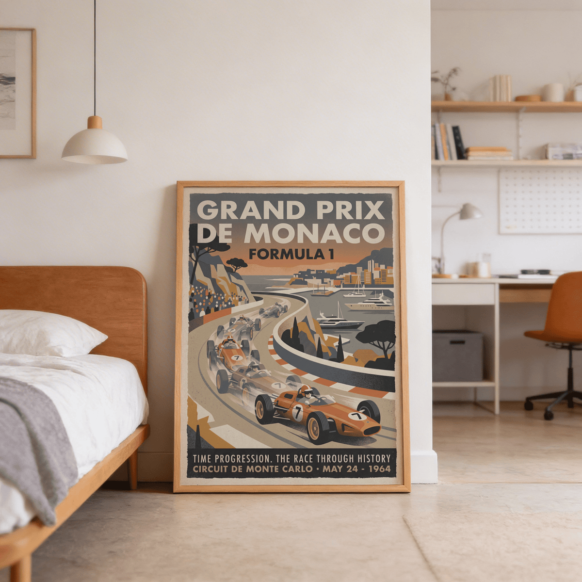 Graphic motorsport illustration with layered Red, Beige, and Blue palette