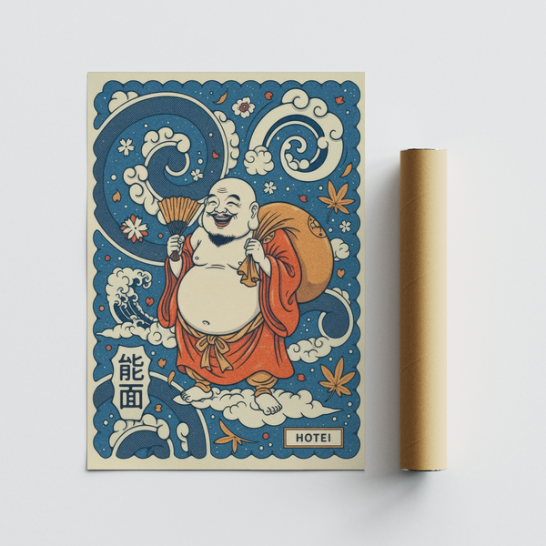 Cloud and wave motif art print inspired by vintage Japanese design